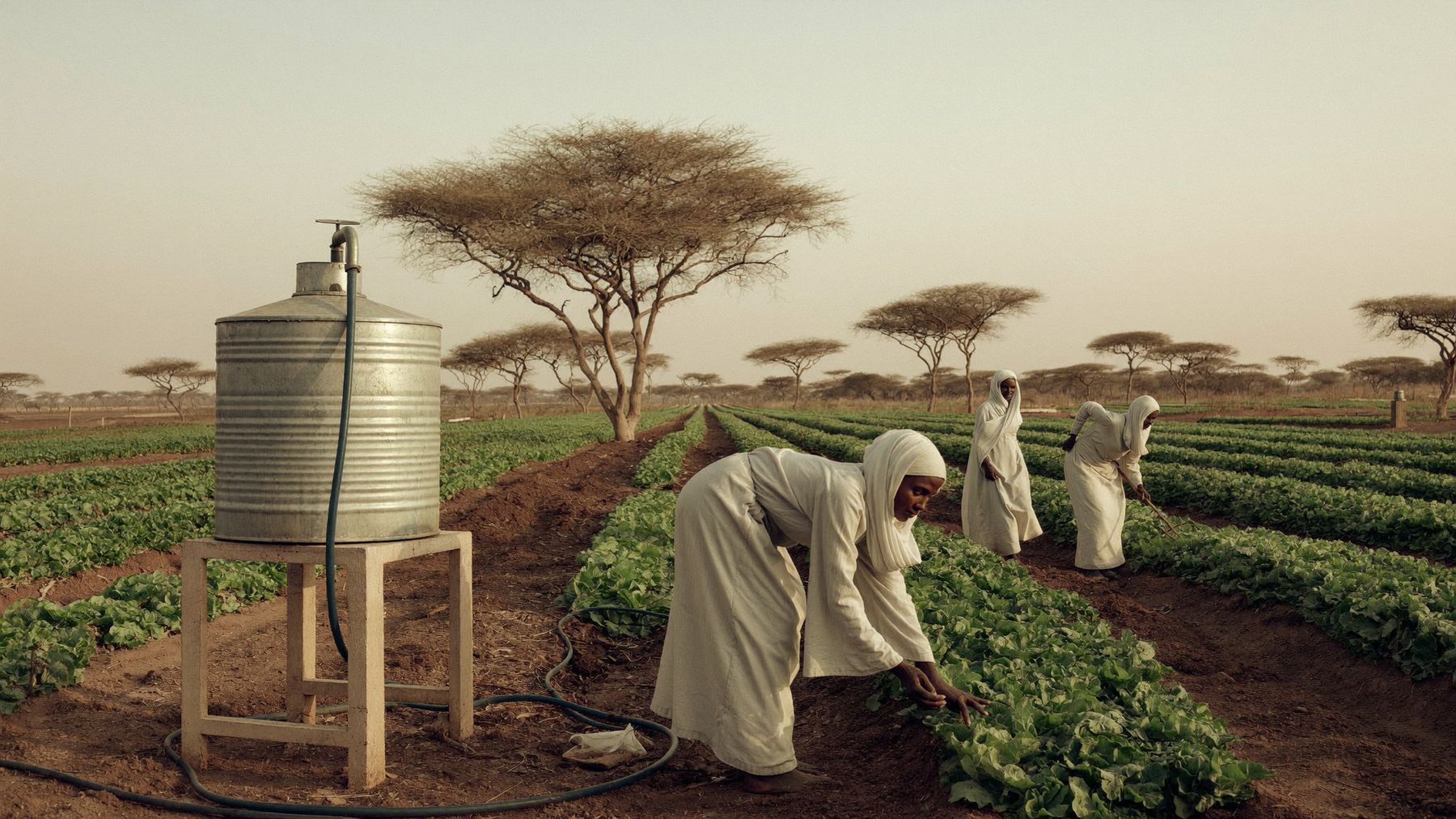 Three Somali women tend rows of leafy vegetables on a drip-irrigated plot at golden hour, beside a plain steel water tank, with acacia trees across the dry plain behind them.