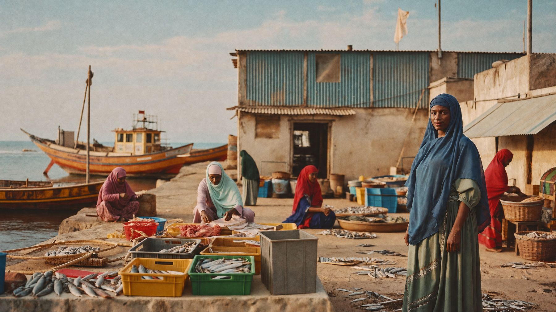 A Somali woman stands at a coastal fish landing site while other women sort and dry the morning catch beside wooden fishing boats.