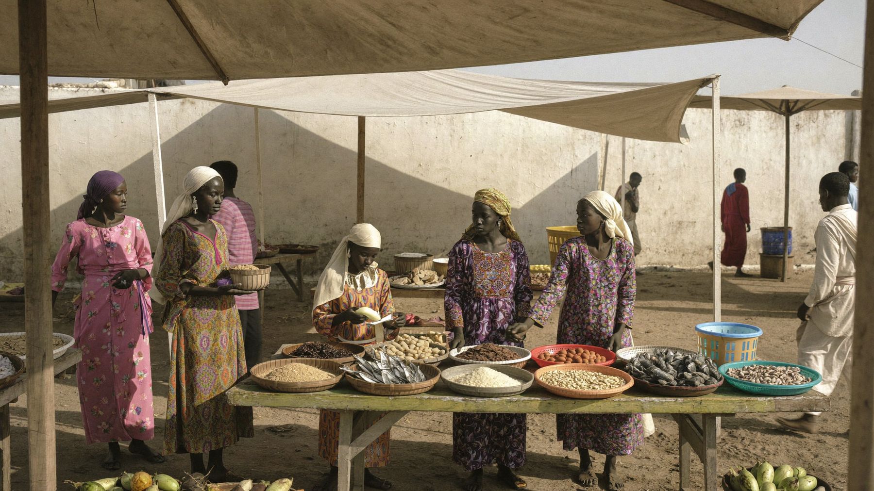 Somali women sell grain, vegetables and dried fish from baskets and low tables at a busy open-air market.